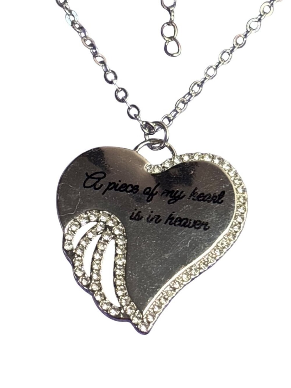 A Piece of My Heart is in Heaven Silvertone Rhinestones Heart Pendant Necklace